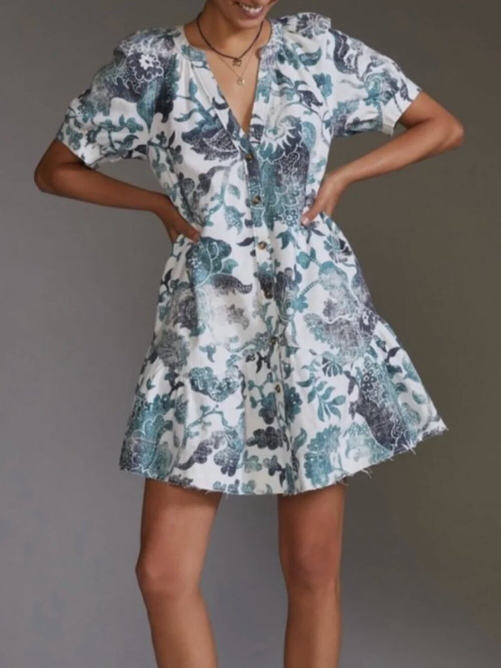 Pilcro Cotton & Linen Dress Teal Floral Print with Pockets, Size Large 12 14